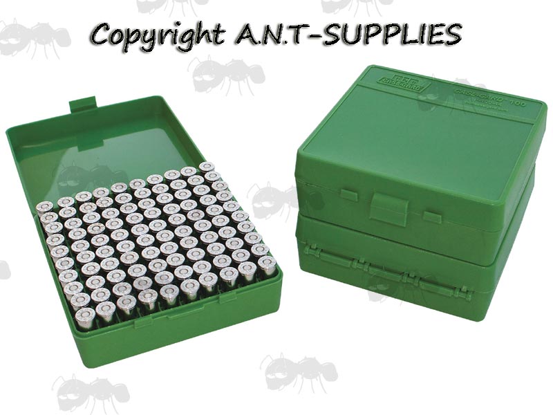 MTM P-100 Hard Green Plastic Ammo Box for 100 x .44 Caliber Rounds