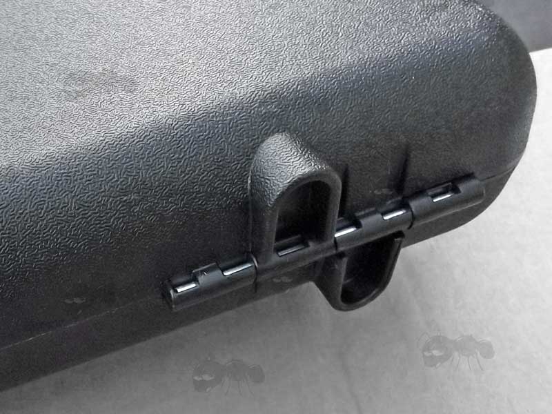 Feet and Hinge View of The Hard Black Plastic Carry / Storage Case for Takedown Guns