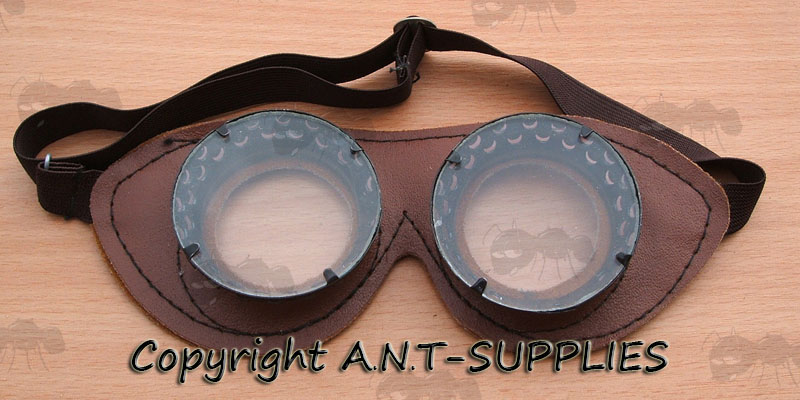 Russian Military Surplus Light Brown Leather Goggles with Round Glass Lenses