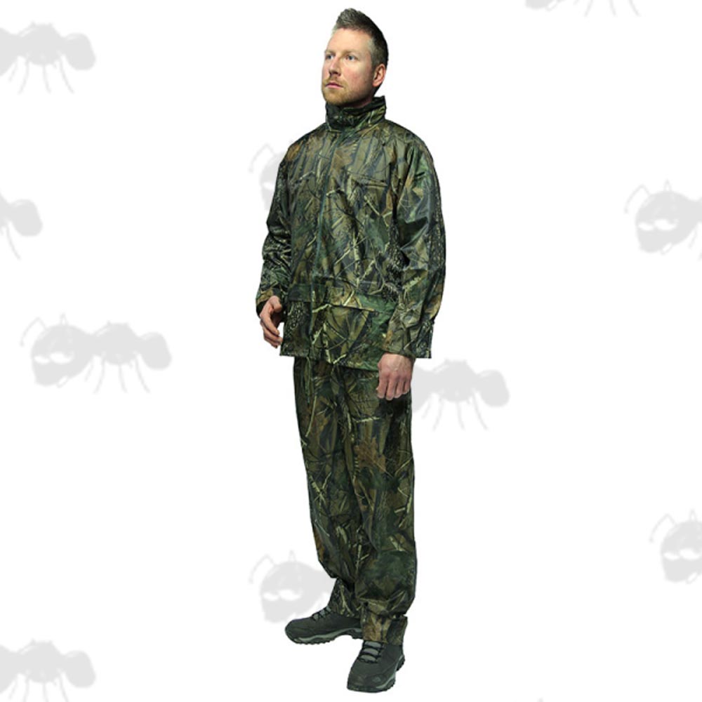 Two Piece Waterproof Camo Suit on Mannequin ~ Jacket and Trousers