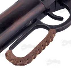 Light Brown Suede Leather Wrap with Brown Stitching, Shown Fitted To a Standard Length Lever Action Rifle Lever