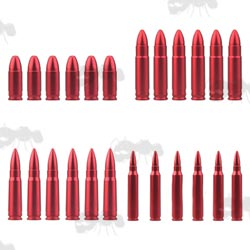 Four Sets of Six Red 9mm, .223 Rem, .308 Cal and 7.62x39mm Metal Rifle Snap Caps