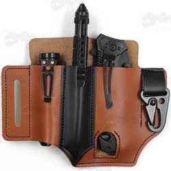 Light Brown Imitation PU Leather Belt Loop Fitting Multi-Tool Holster Organiser Pouches Shown Fitted on a Belt, with Pocket Knife, Pen, Torch and Car Keys
