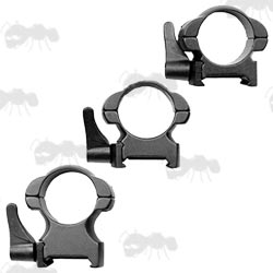 Low, Medium and High Profile 30mm Diameter Steel Scope Rings with Lever Lock for Weaver Rails