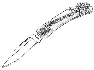 Drawing of a Timber Wolf Navaho Folding Blade Gents Knife