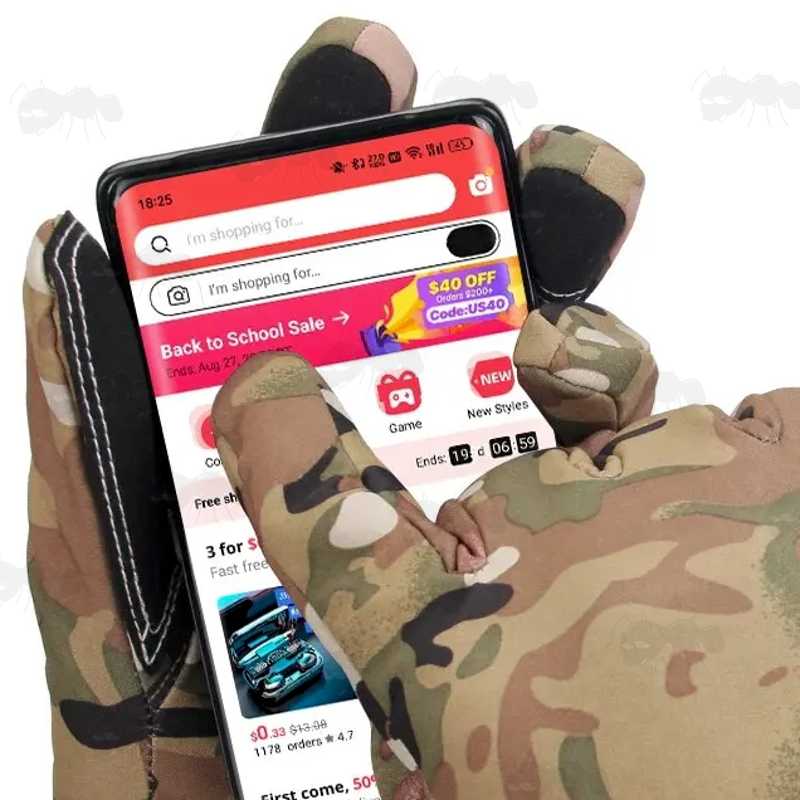 Multicamo Full Finger Hunting Gloves with Touchscreen Sensitive Pads on The Thumb and Index and Middle Finger in Use with Smart Phone