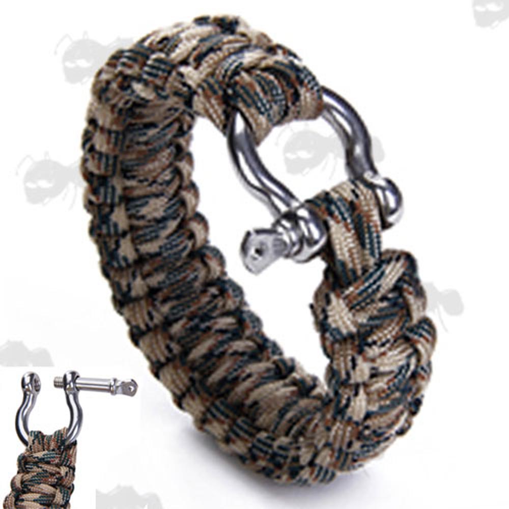 Desert Scrub Camo Paracord Bracelet with O Shaped Metal Shackle