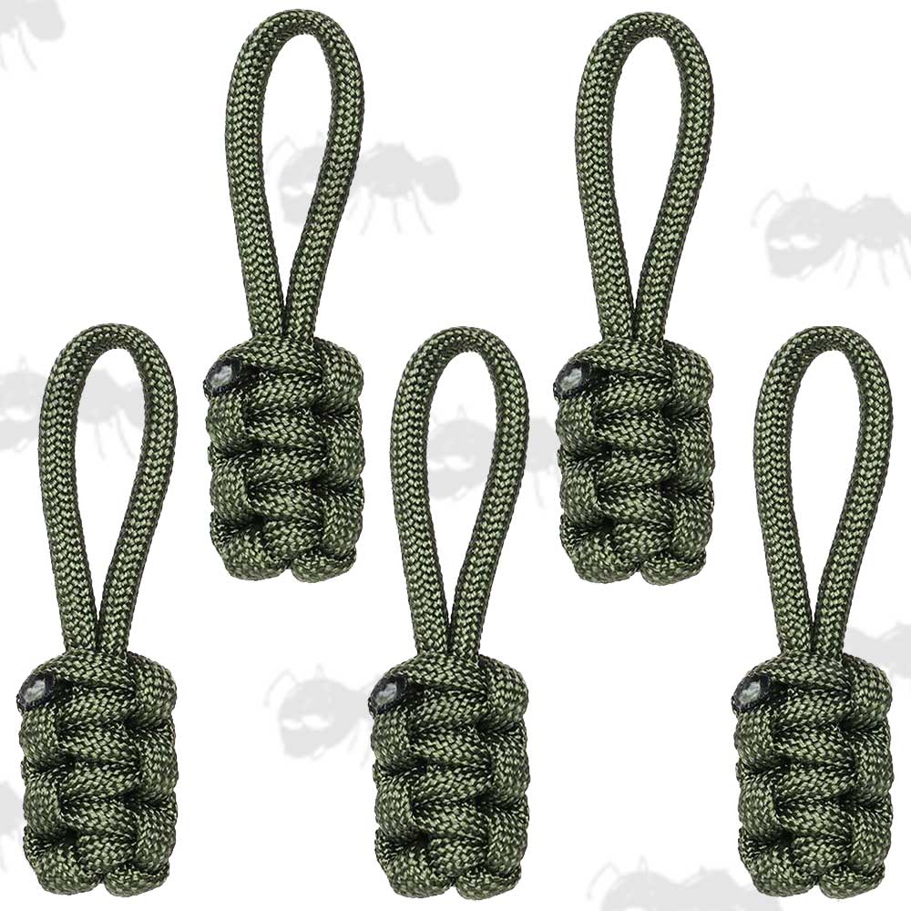 Set of Five Small Green Paracord Zip Pullers