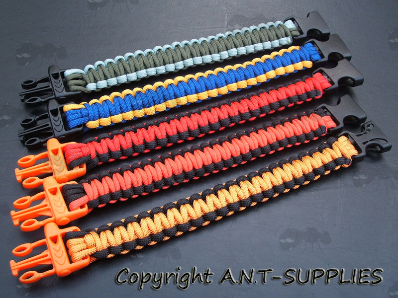 Assortment of Two Tone Paracord Survival Bracelets with Emergancy Whistles QR Buckles