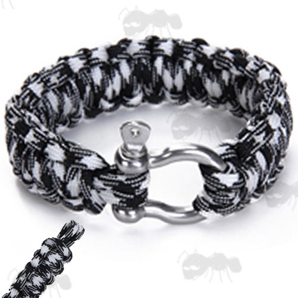Black and White Camo Paracord Bracelet with O Shaped Metal Shackle