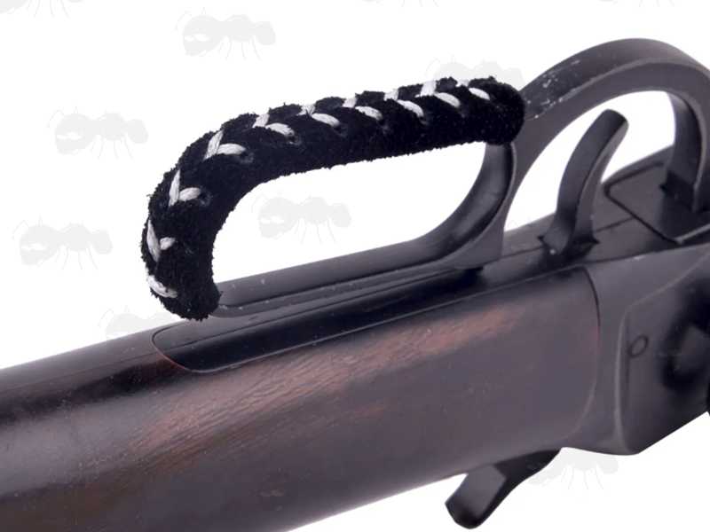 Black Suede Leather Wrap for Standard Length Levers, Shown Fitted on a Lever Action Rifle
