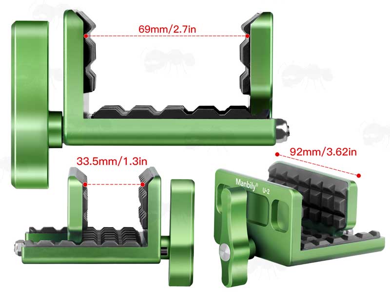 Dimensions SHown of The Clamp on The Green Finished Metal Rifle Tripod Fitting Saddle Mount Rest for 1/4-20 and 3/8-16 Threaded Rifle Shooting Sticks, Bipod or Tripods