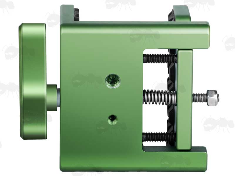 Base View of The 1/4-20 and 3/8-16 Threaded Holes on The Green Finished Metal Rifle Tripod Fitting Saddle Mount Rest for Rifle Shooting Sticks, Bipod or Tripods