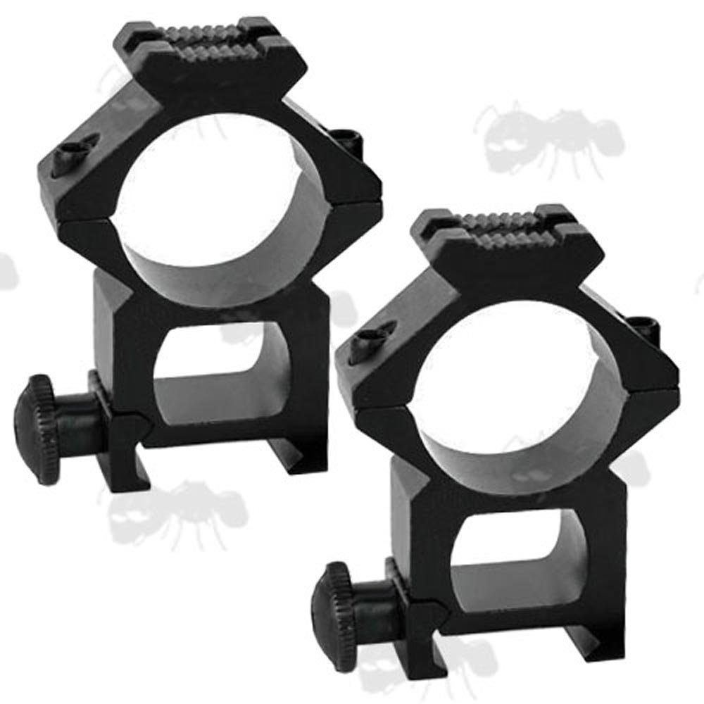 Pair of High Profile, Single Clamped Weaver / Picatinny Rail Mount Rings For 25mm Scope Tubes with Top Rails