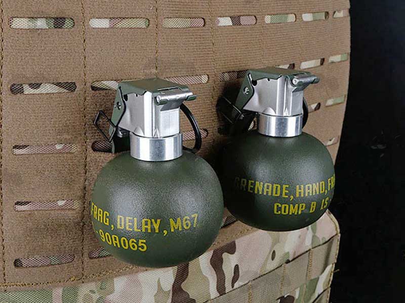 Pair of Green Airsoft M67 Frag Grenades On Assault Vest