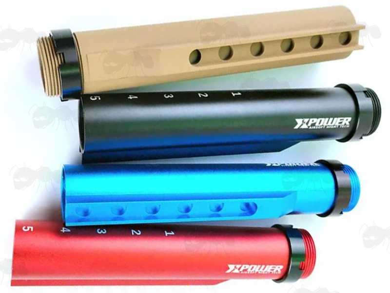 Black, BLue, Red and Tan Coloured Metal Airsoft Mil-Spec Buffer Stock Tubes with Castle Nuts