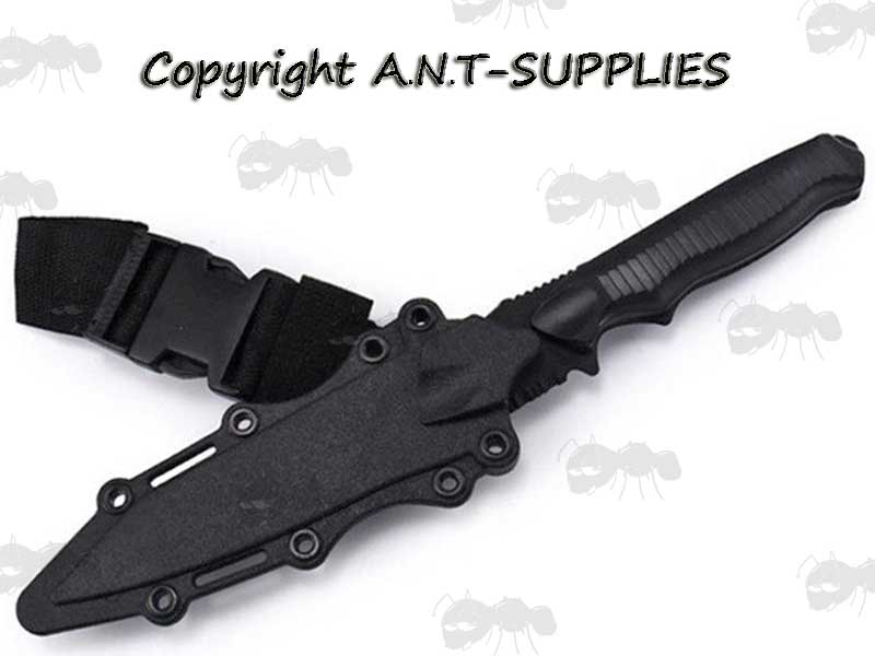 Black Rubber Blade Airsoft Knife With Black Handle In Scabbard