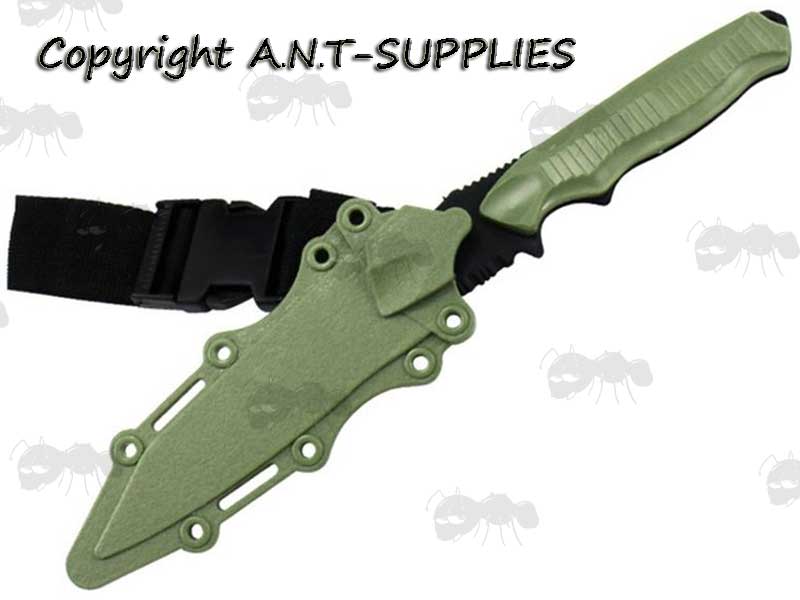 Black Rubber Blade Airsoft Knife With Green Handle and Scabbard