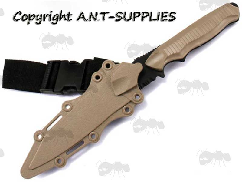 Black Rubber Blade Airsoft Knife With Tan Handle and Scabbard