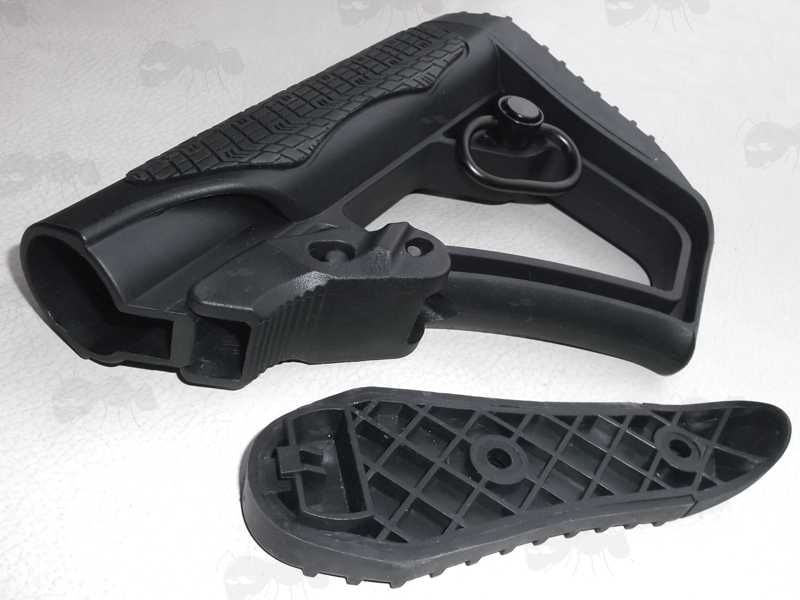 All Black Enhanced AR-15 Six Position Collapsible Rifle Buttstock, with Two Buttpad Design Options, Shown with QD Socket Sling Swivel