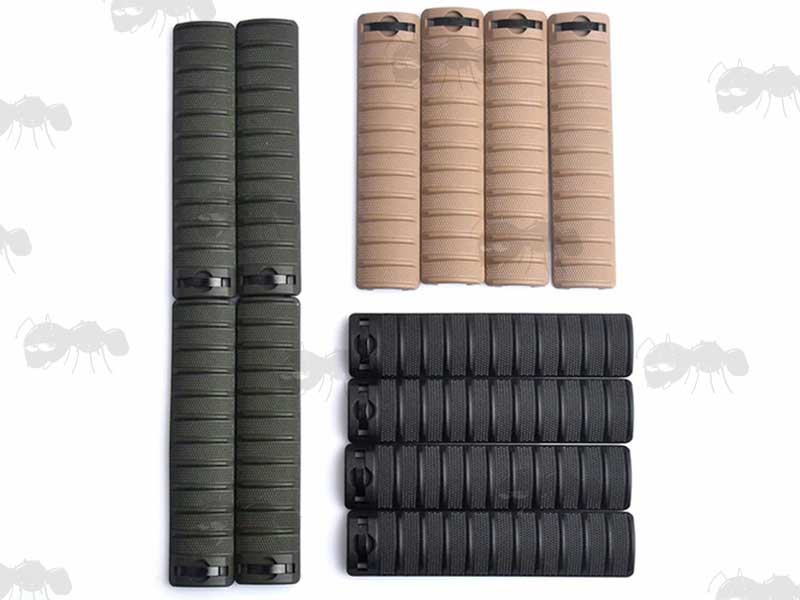 Four Piece Black, Green and Tan Coloured Ribbed Rail Covers with Textured Finish for Weaver / Picatinny Handguards