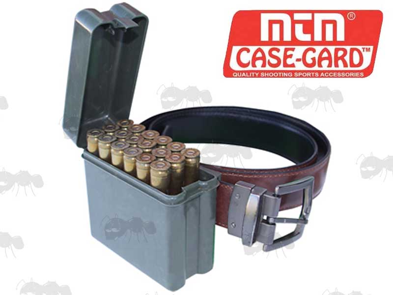MTM RL-20 Belt Carrier Hard Green Plastic Ammo Box Shown Fitted To Brown Leather Trouser Belt