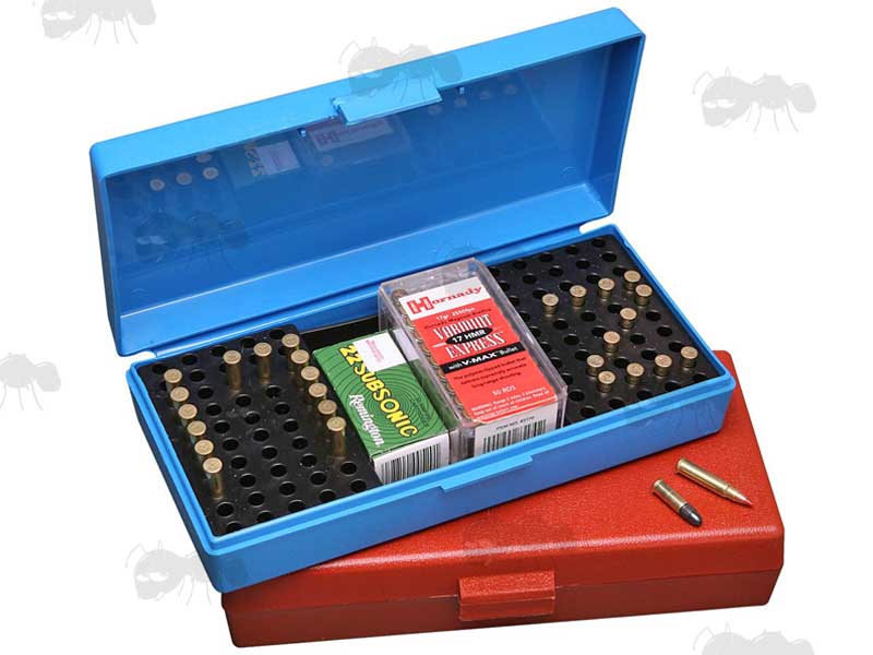 MTM Red and Blue Plastic .22 Small Bore Ammo Tray Boxes