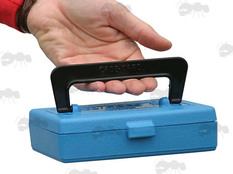 MTM Blue Plastic .22 Small Bore Ammo Tray Box With Handle Shown In Hand