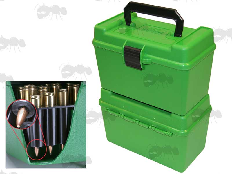 Two MTM Green Plastic Deluxe Ammo Boxes With Snap Lock Latches And Black Handles