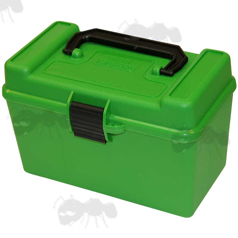 MTM Green Plastic Deluxe Ammo Box R-50 With Snap Lock Latch And Black Handle