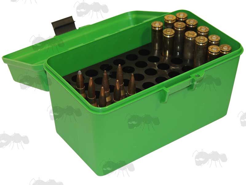 MTM Green Plastic Deluxe Ammo Boxes With Snap Lock Latches And Black Handles H-50-R-MAG