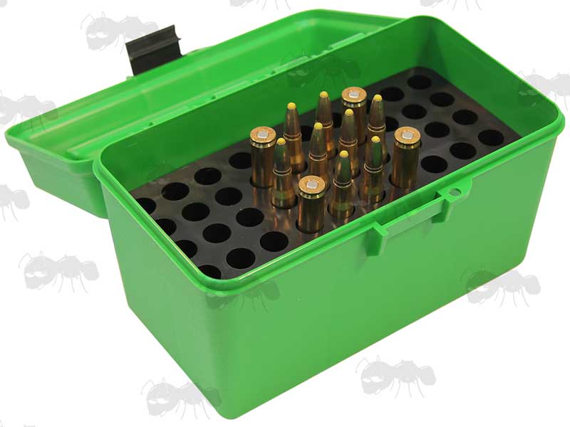 MTM Green Plastic Deluxe Ammo Boxes With Snap Lock Latches And Black Handles H-50-RL