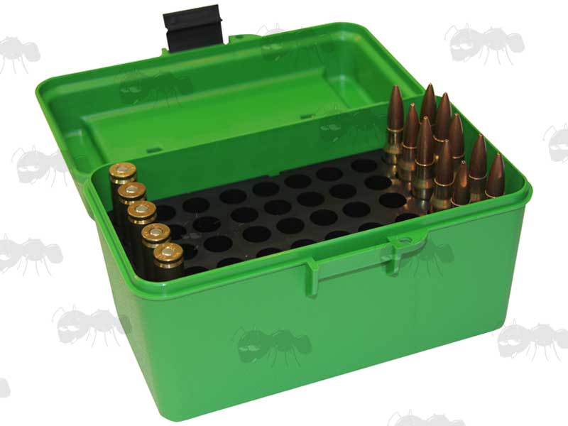 MTM Green Plastic Deluxe Ammo Boxes With Snap Lock Latches And Black Handles H-50-RM