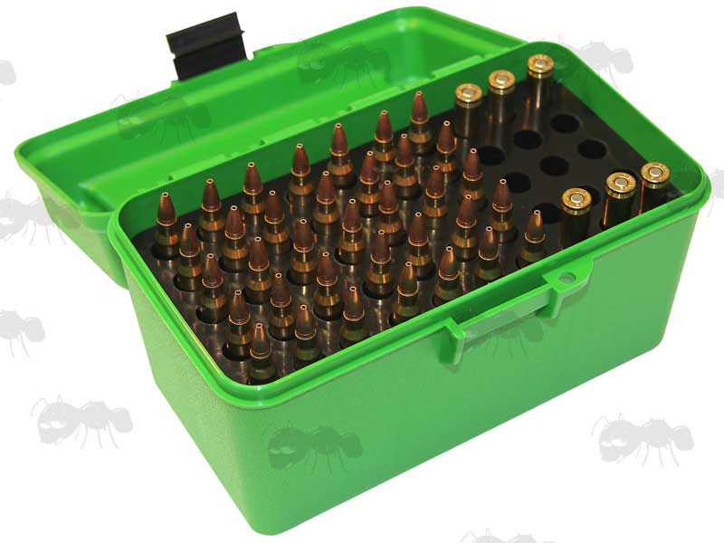 MTM Green Plastic Deluxe Ammo Boxes With Snap Lock Latches And Black Handles H-50-RS