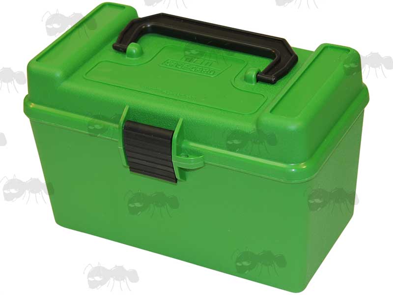 MTM Green Plastic Deluxe Ammo Boxes With Snap Lock Latches And Black Handles H-50-XL
