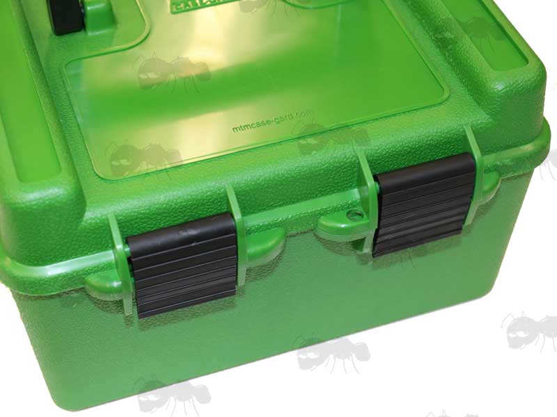 Latch View Of The MTM Green Plastic Deluxe Ammo Box R-100