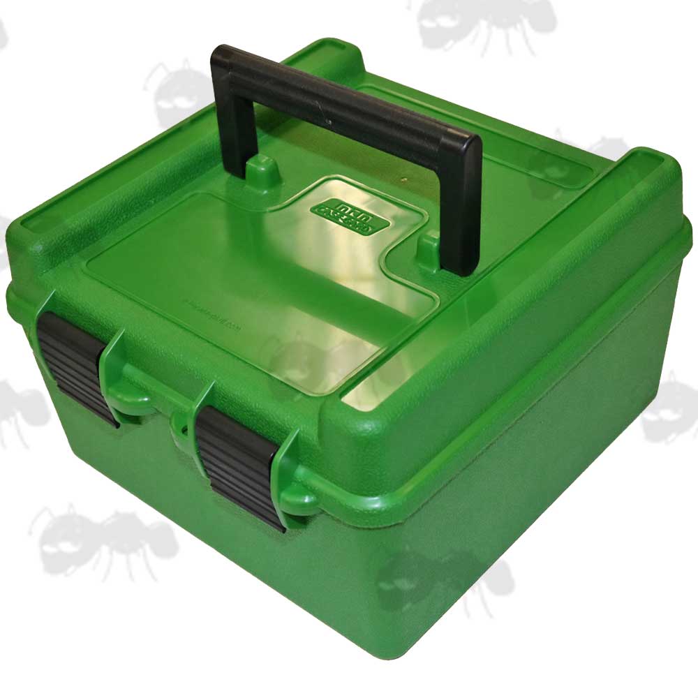 MTM Green Plastic Deluxe Ammo Box R-100 With Two Snap Lock Latches And Black Handle