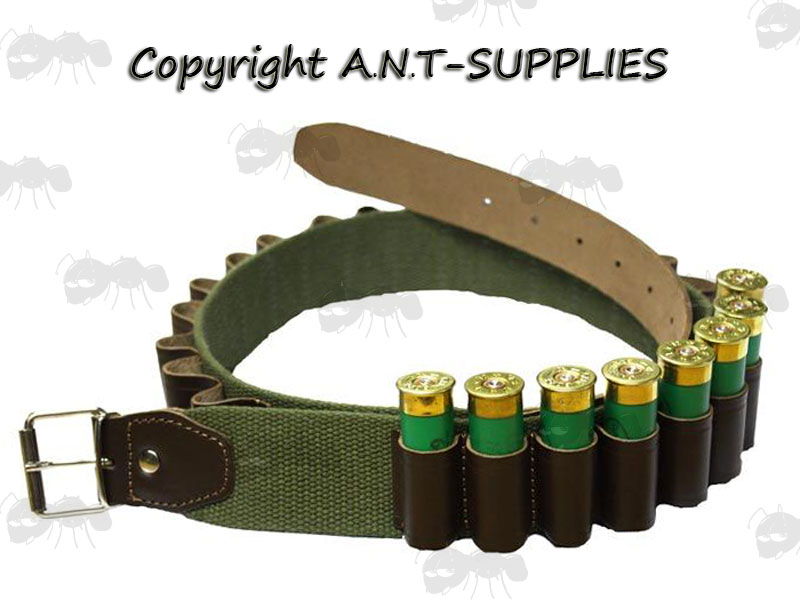 Bisley Green Canvas Shotgun Shell Belt with Brown Leather Cartridge Loops