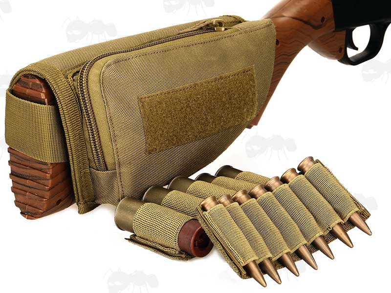 Khaki Shotgun Butt Cheek Rest with Pouch and Ammo Holders Shown Fitted to Buttstock