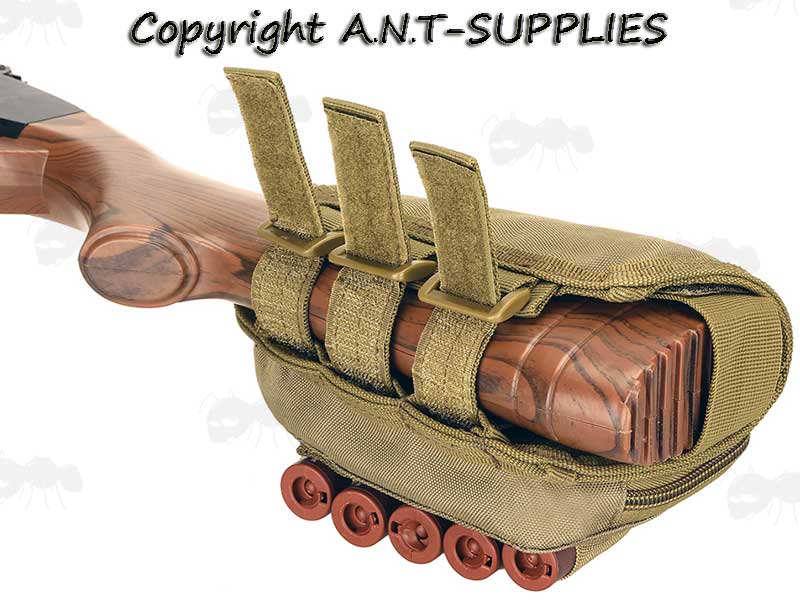 Velcro Strap Fitting View of The Khaki Shotgun Butt Cheek Rest with Pouch and Ammo Holder