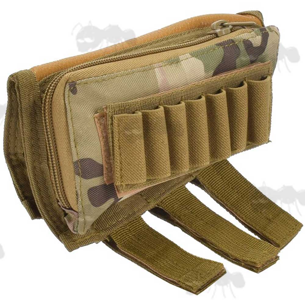 Multicamo Gun Buttstock Cheek Rest With Leather Effect Panel with Pouch and Ammo Holder