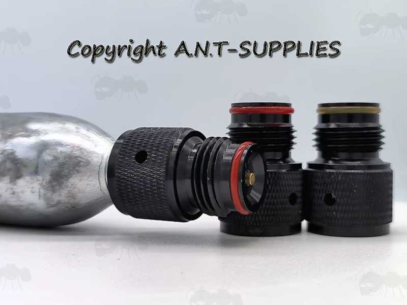 Black 88g Co2 Capsule to HPA / ASA Paintball Marker Adapter with Air Saver Valve, Shown Fitted to an 88g Co2 Capsule