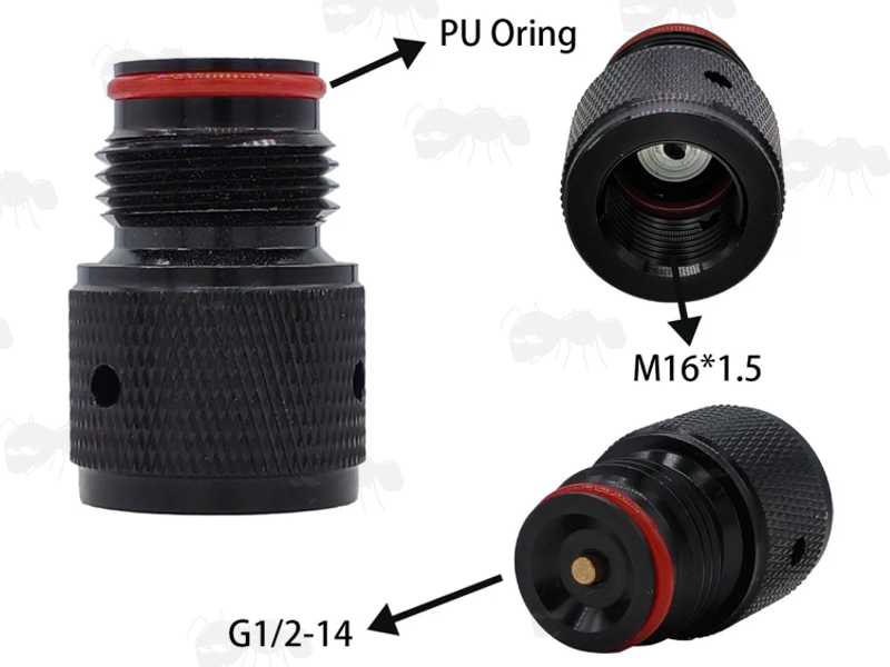 Thread Types on The Black 88g Co2 Capsule to HPA / ASA Paintball Marker Adapter with Air Saver Valve, Shown with Prefilled 88g Co2 Capsule