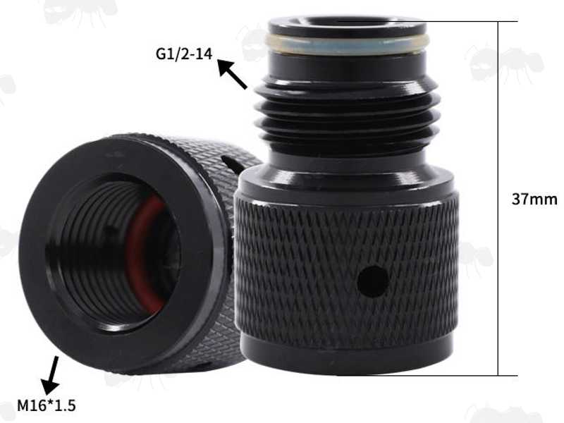 Dimensions of The Black 88g Co2 Capsule to HPA / ASA Paintball Marker Adapter with Air Saver Valve, Shown with Prefilled 88g Co2 Capsule
