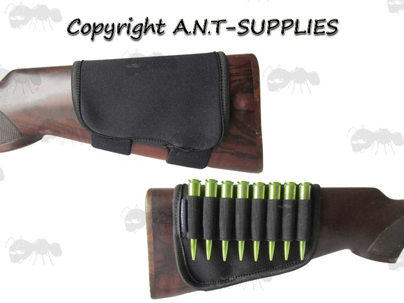 Tourbon Black Neoprene Rifle Buttstock Cover with Eight Elastic Cartridge Holders Fitted to a Wooden Rifle Buttstock
