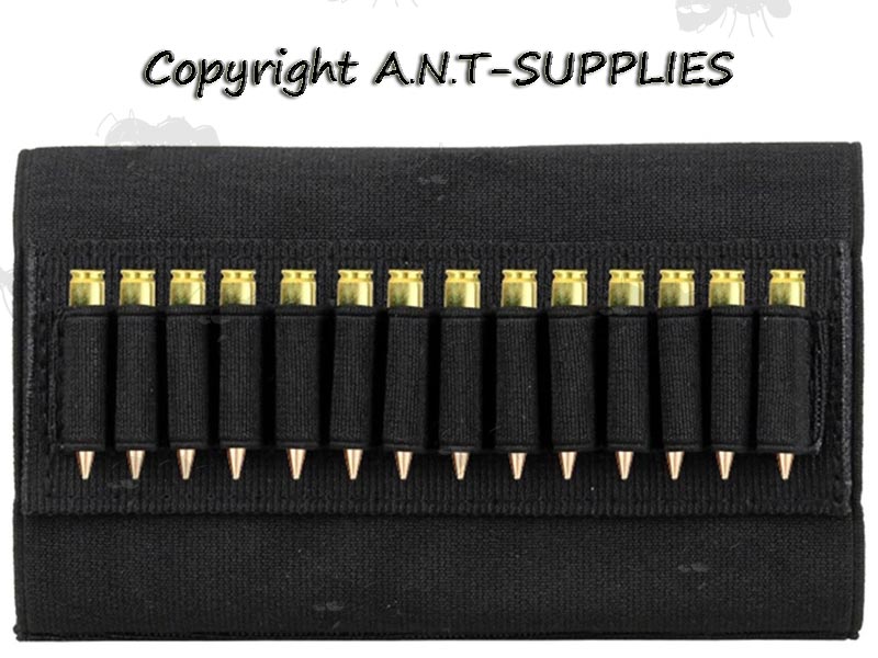 Black Elastic Rifle Buttstock Cover with One Set of Fourteen Cartridge Holders Fitted With Brass Cartridges