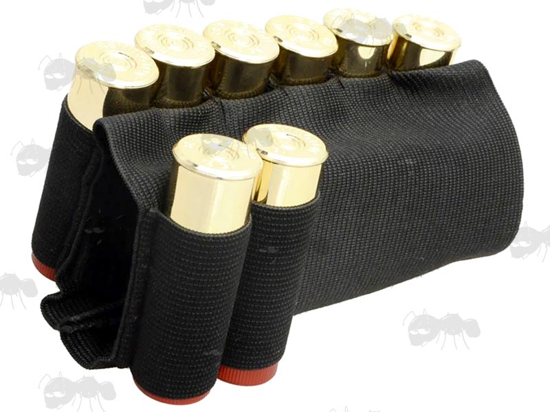 Black Elastic Shotgun Buttstock Cover with Two Sides of Shell Holders Holding 8 Cartridges