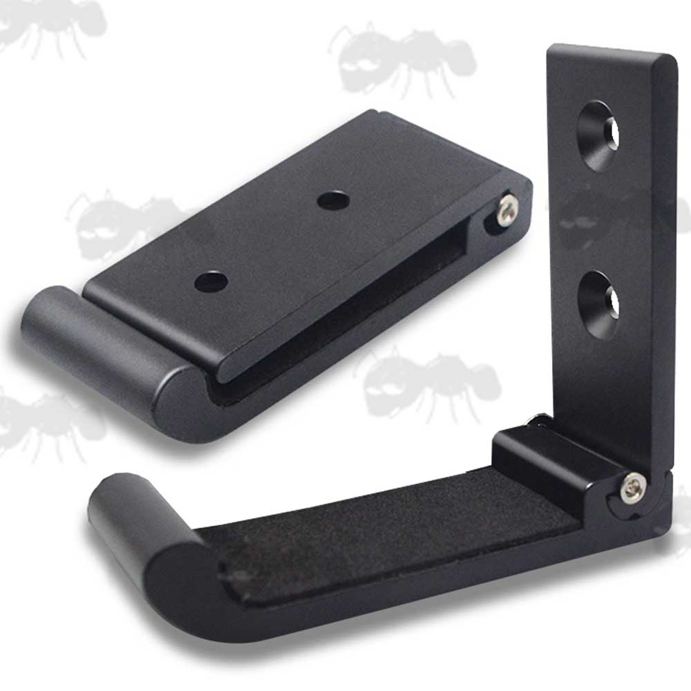 Pair of Black Metal 90 Degree Folding Gun Display Wall Mounted Hooks With Padded Sections