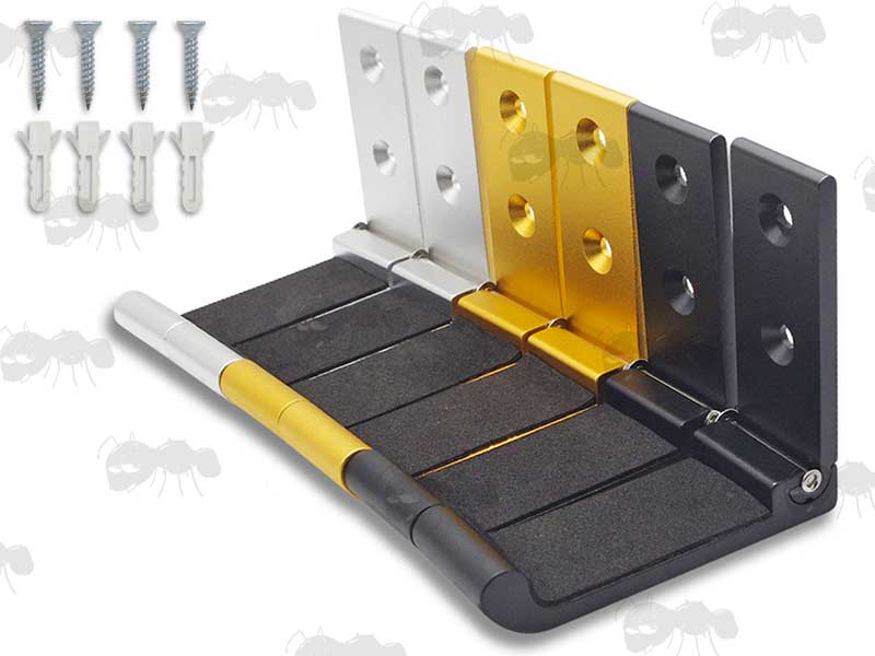 Three Pairs of Black, Silver and Gold Coloured Metal 90 Degree Folding Gun Display Wall Mounted Hooks With Padded Sections