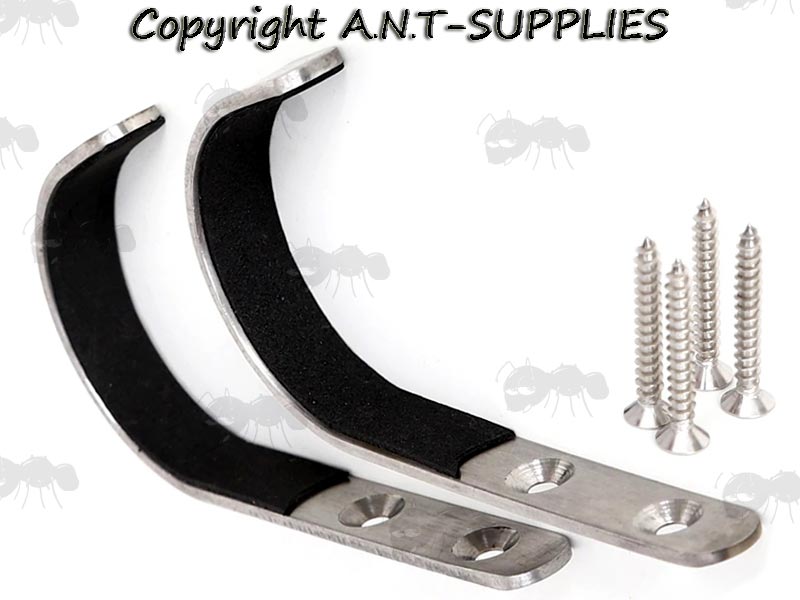 Pair Of Silver Metal J Shaped Gun Display Wall Mounted Hooks With Padded Section and Screws